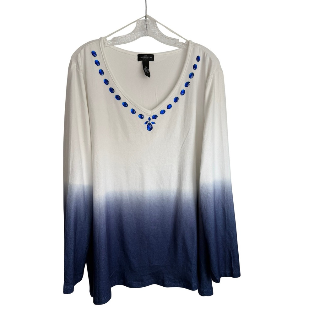 Karen Brooks Womens 3X Blue White Ombre Gemstone V-Neck Long Sleeve Top Blouse